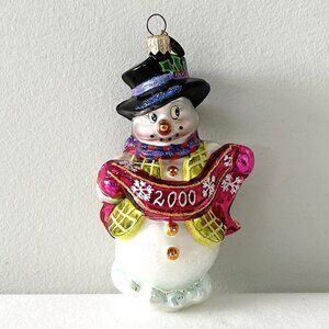 Christopher Radko Frosty’s Banner Year Snowman Glass Christmas Ornament 2000
